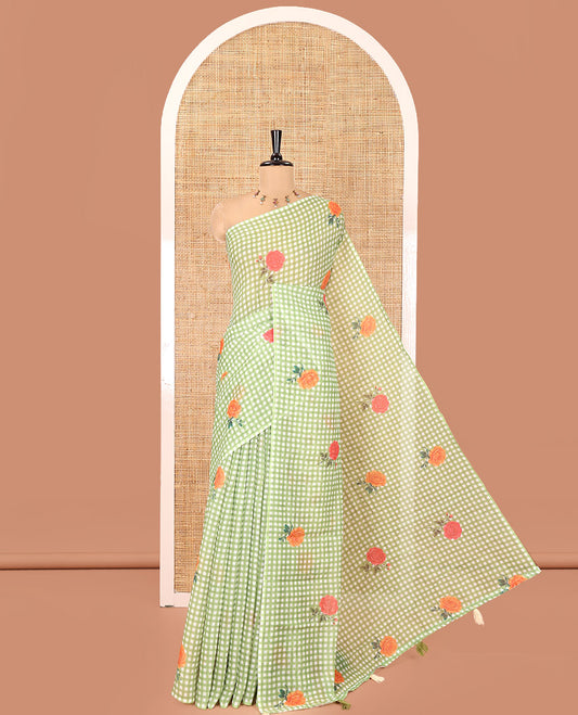 Borderless Green Linen Cotton Saree, Adorned with Checked Design and Rose Motifs on Its Body, a Self-Pallu, and Paired with a Contrast Blouse