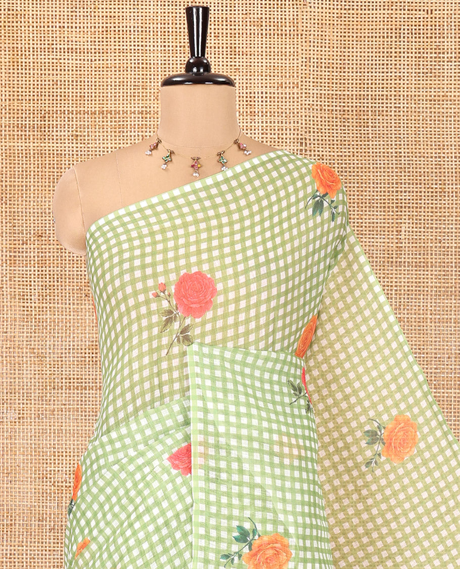 Borderless Green Linen Cotton Saree, Adorned with Checked Design and Rose Motifs on Its Body, a Self-Pallu, and Paired with a Contrast Blouse