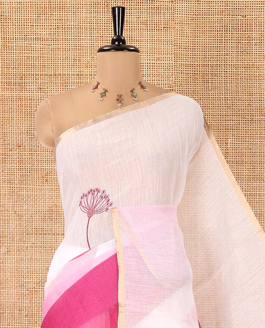 White-Pink Linen Cotton Saree Features Floral Print, Ombre-Style Dual-Color, a Piping Border, and a Contrast Blouse