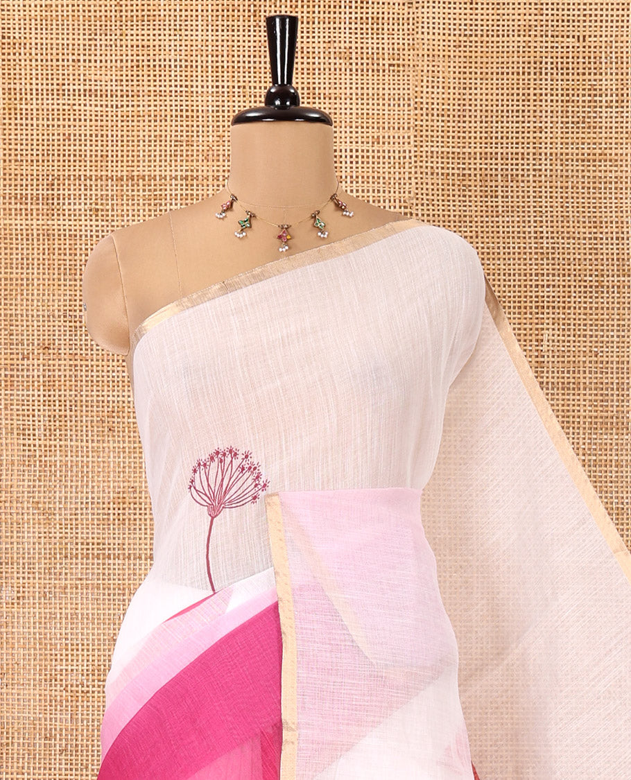White-Pink Linen Cotton Saree Features Floral Print, Ombre-Style Dual-Color, a Piping Border, and a Contrast Blouse