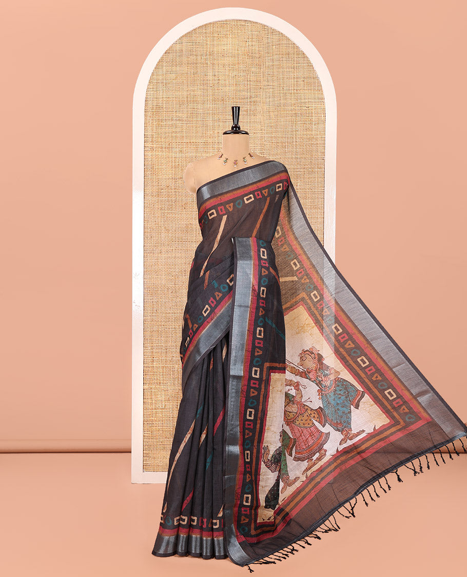 Black Linen Cotton Saree, Adorned with Batik-Style Geometric Print on Its Body, Subtle Zari Border, Kalamkari-Style Printed Pallu, and Matching Blouse