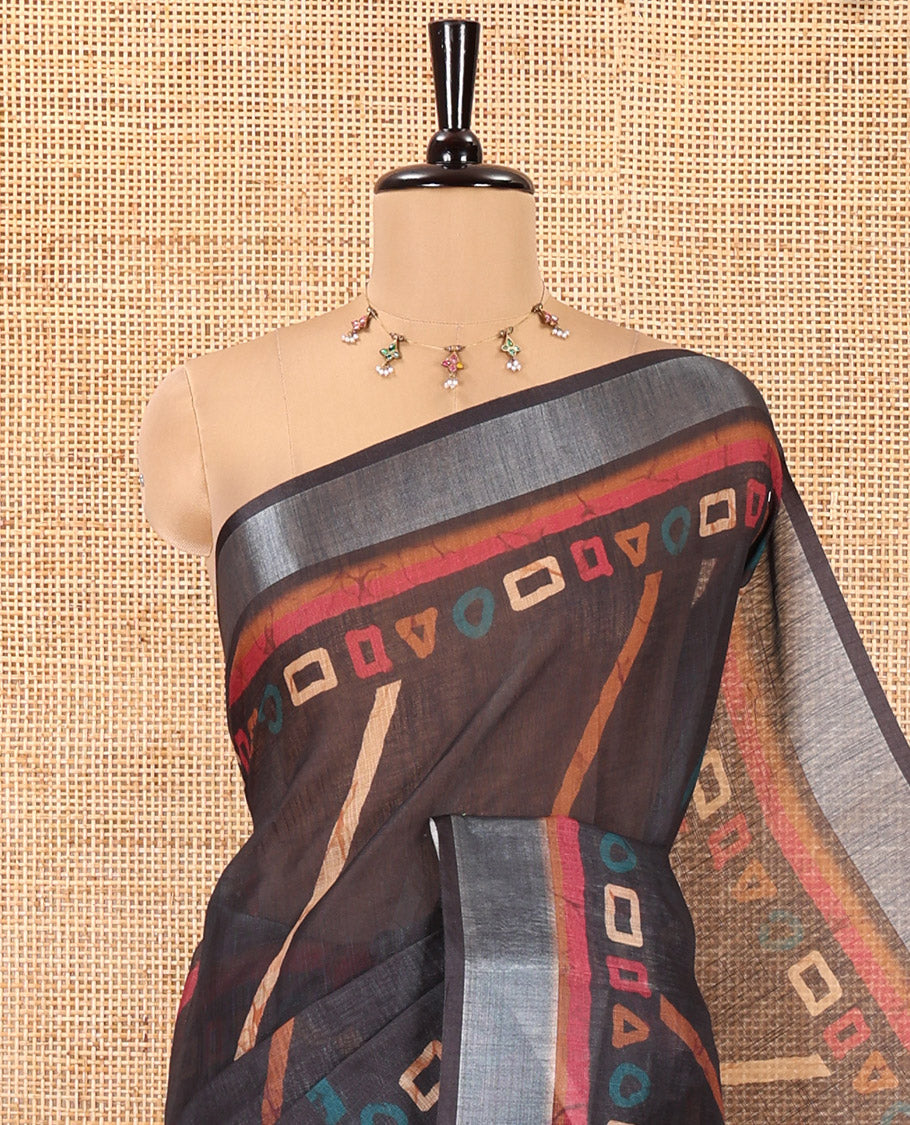 Black Linen Cotton Saree, Adorned with Batik-Style Geometric Print on Its Body, Subtle Zari Border, Kalamkari-Style Printed Pallu, and Matching Blouse