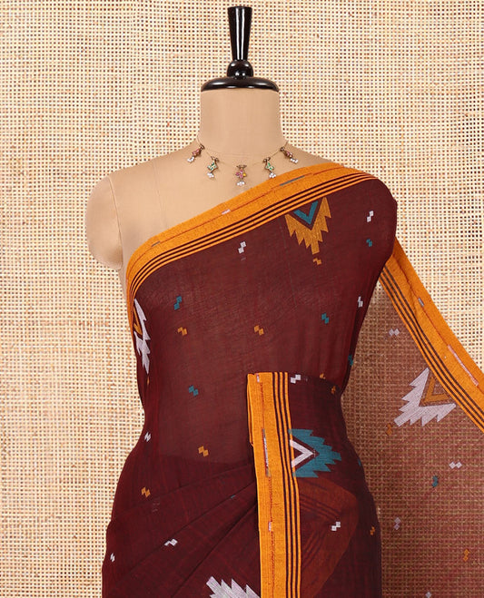 Maroon Khadi Mul Cotton Saree, Beautified with Meena Buttas All Over Its Body, Complemented by a Contrast Temple Border, Pallu of Jhamdani-Style Floral-Bird Weaving, and Paired with a Matching Blouse