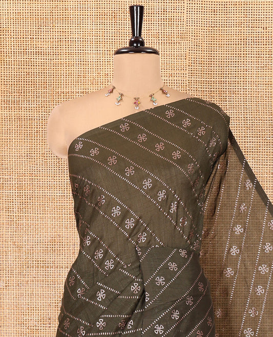 Borderless Olive Vichitra Silk Saree, Gleamed Up with Floral Buttas and Leheriya-Style Foil Print on Its Body, a Self-Pallu, and Has No Blouse