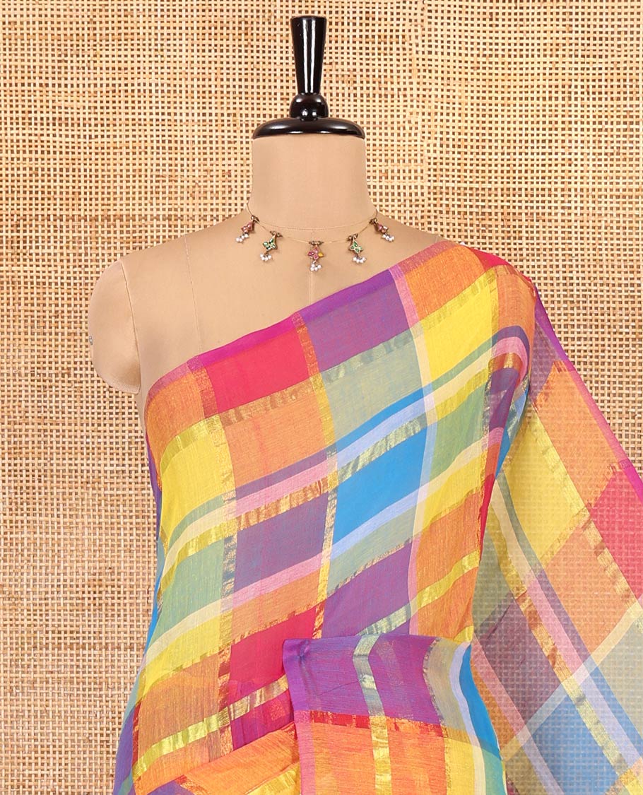 Borderless Pink Khadi Mul Cotton Saree, Enthralled with Checked Block and Zari Checks on Its Body, a Self-Pallu with Tassels, and Has No Blouse