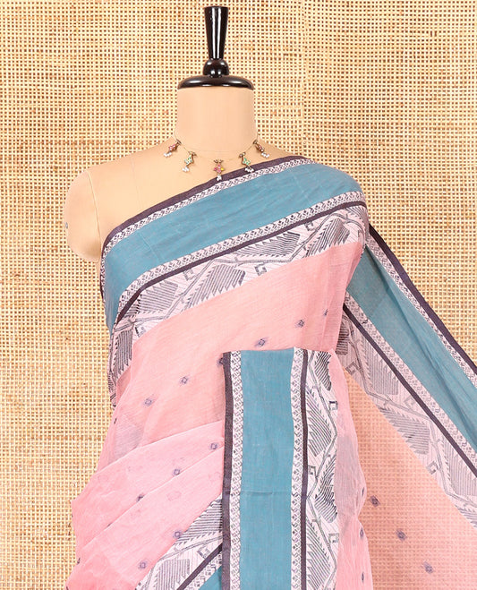 Light Pink Bengal Cotton Saree, Subtly Sparkled with Thread Buttas on Its Body, Complemented by Contrast Thread Border of Floral Creeper Designs, Pallu of Stripes and Buttas, and Paired with a Matching Blouse