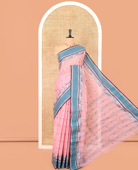 Light Pink Bengal Cotton Saree, Subtly Sparkled with Thread Buttas on Its Body, Complemented by Contrast Thread Border of Floral Creeper Designs, Pallu of Stripes and Buttas, and Paired with a Matching Blouse