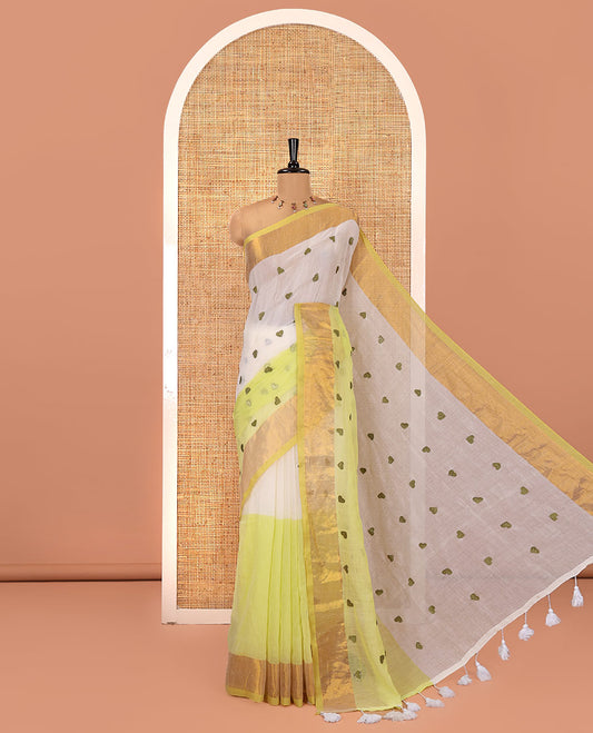 Cream and Lemon Yellow Khadi Mul Cotton Saree, Adorned with Half-And-Half-Style and Heart Motifs Embroidery on Its Body, a Subtle Gold Zari Border, a Self-Pallu, and Has No Blouse
