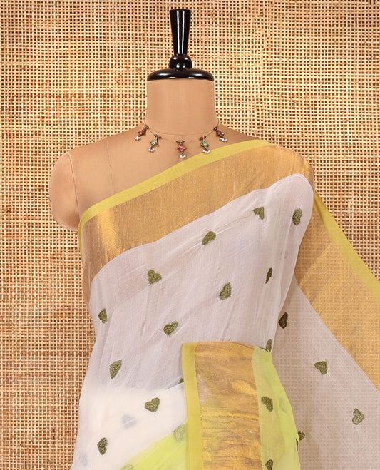 Cream and Lemon Yellow Khadi Mul Cotton Saree, Adorned with Half-And-Half-Style and Heart Motifs Embroidery on Its Body, a Subtle Gold Zari Border, a Self-Pallu, and Has No Blouse