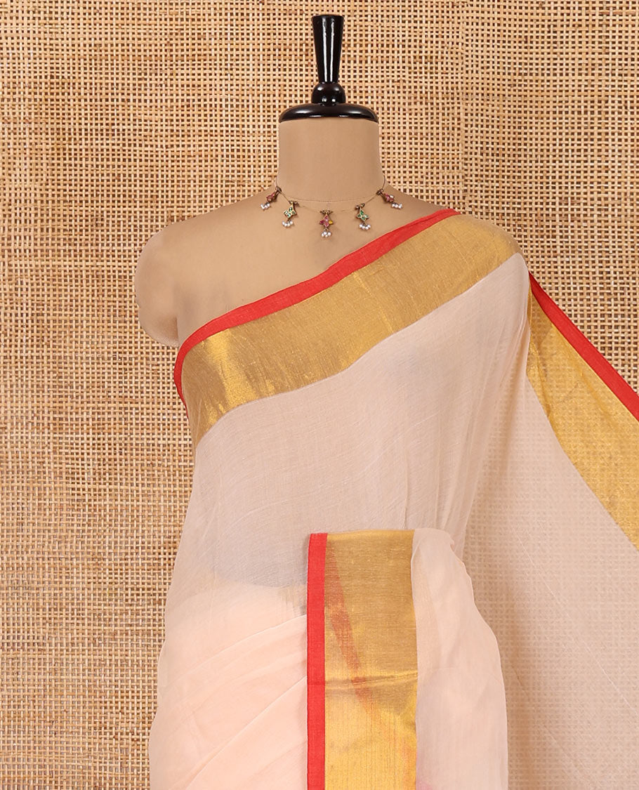 Peach Plain Khadi Mul Cotton Saree, Complemented by a Contrast Zari Bavanji Border, a Self-Pallu, and Has No Blouse