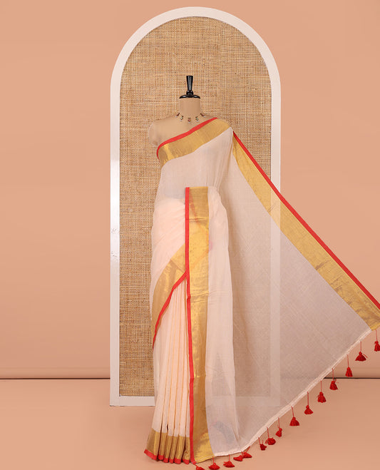 Peach Plain Khadi Mul Cotton Saree, Complemented by a Contrast Zari Bavanji Border, a Self-Pallu, and Has No Blouse
