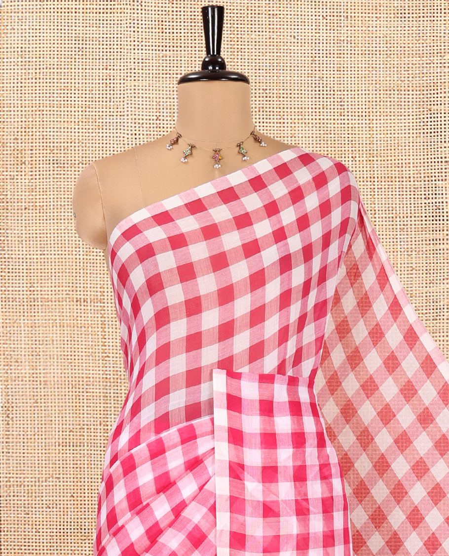 Borderless Rani Pink Khadi Mul Cotton Saree, Adorned with Micro-Checks and No Blouse