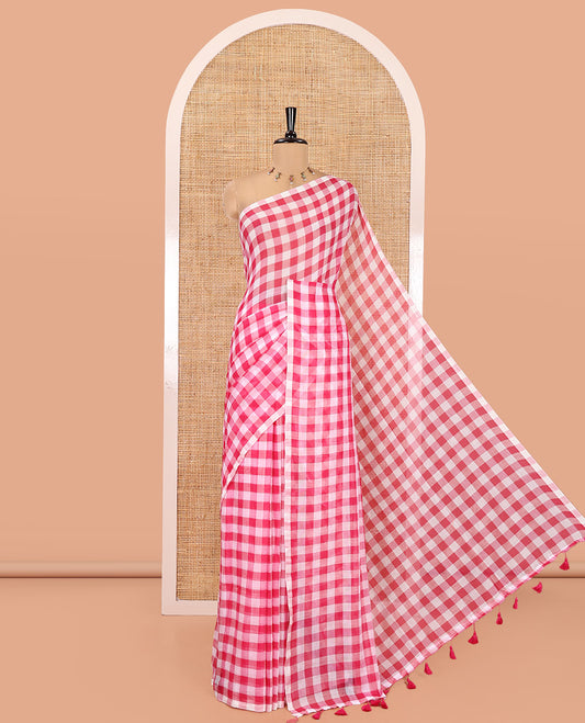 Borderless Rani Pink Khadi Mul Cotton Saree, Adorned with Micro-Checks and No Blouse