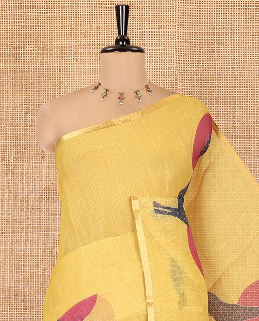 Yellow Linen Saree, Subtly Sparkled With Sun and Giraffe Motifs, a Subtle Zari Piping Border, and a Striped Blouse