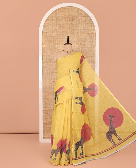 Yellow Linen Saree, Subtly Sparkled With Sun and Giraffe Motifs, a Subtle Zari Piping Border, and a Striped Blouse