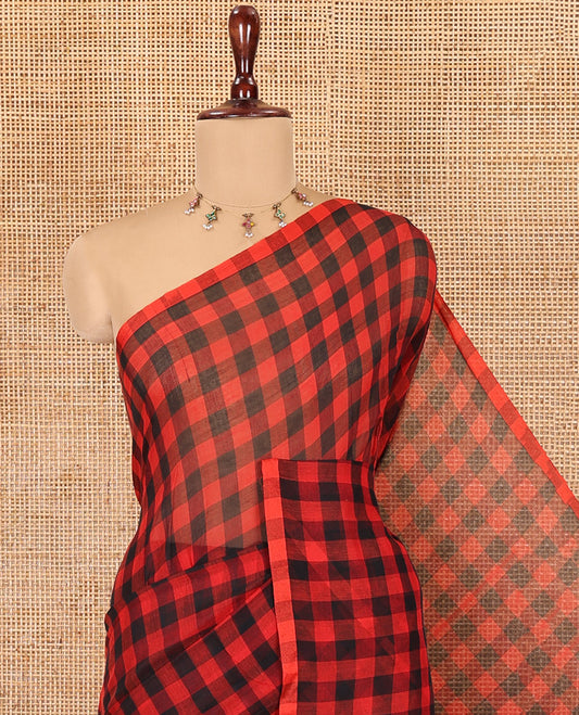 Borderless Red-Black Khadi Mul Cotton Saree, Adorned with Madras Checks, Comes without Blouse