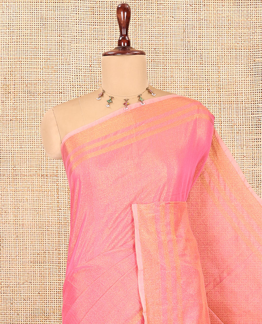Pink Plain Khadi Tissue Saree, a Gold Zari Border, a Self-Pallu, and a Matching Blouse