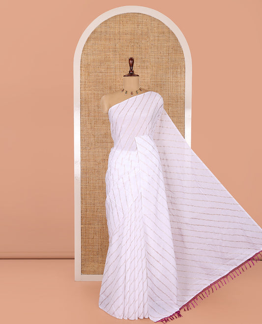 Borderless White-Purple Rangoli Chiffon Saree, Gleamed Up with Foil-Printed Leheriya Stripes, a Contrast Sequins Blouse