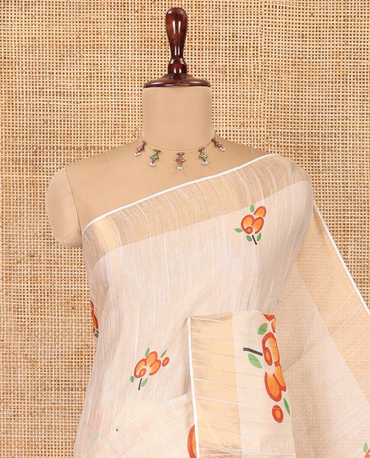 Cream Kerala Cotton Saree, Adorned with Flower Print, Zari Border, Pallu of Kerala Scenery Print, and a Matching Blouse