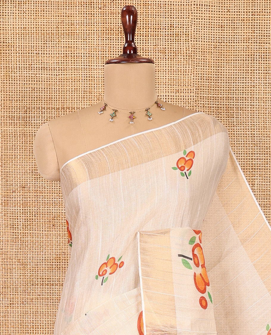 Cream Kerala Cotton Saree, Adorned with Flower Print, Zari Border, Pallu of Kerala Scenery Print, and a Matching Blouse