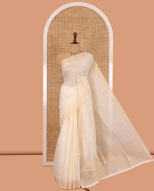 Cream Chanderi Cotton Saree Features Vertical Stripes, a Rudraksha Border, Zari Pallu, a Matching Blouse