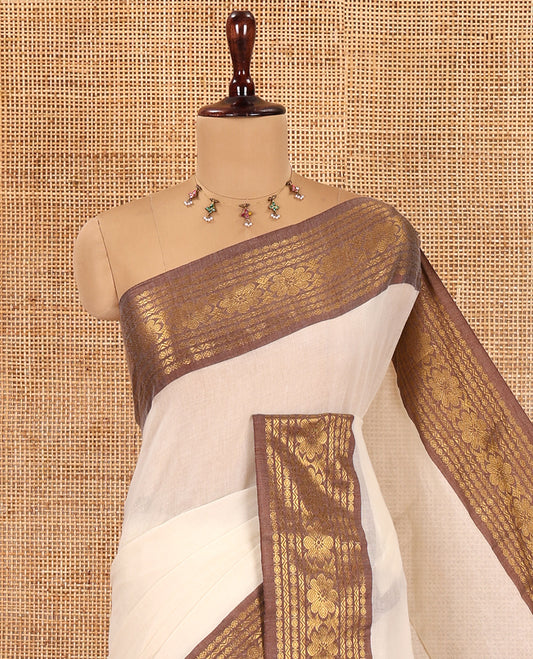 Cream Plain Khadi Mul Cotton Saree, Complemented by a Contrast Rudraksham-Floral Border, a Self-Pallu, and No Blouse