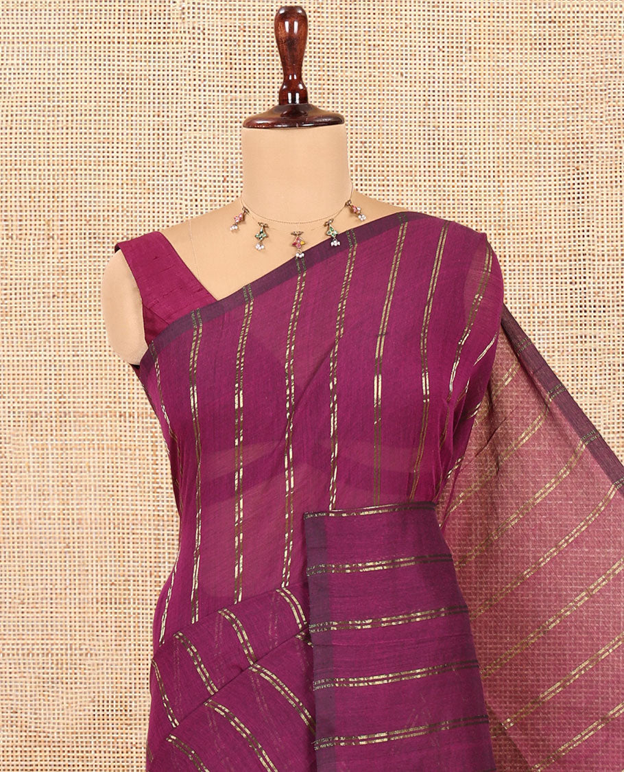 Borderless Purple Khadi Mul Cotton Saree, Adorned with Vertical Zari Stripes, a Self-Pallu, and No Blouse