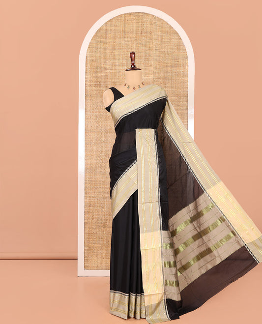 Black-Chikku Plain Mercerised Cotton Saree, Contrast Traditional Thread Temple Border, Striped Pallu, and a Matching Blouse