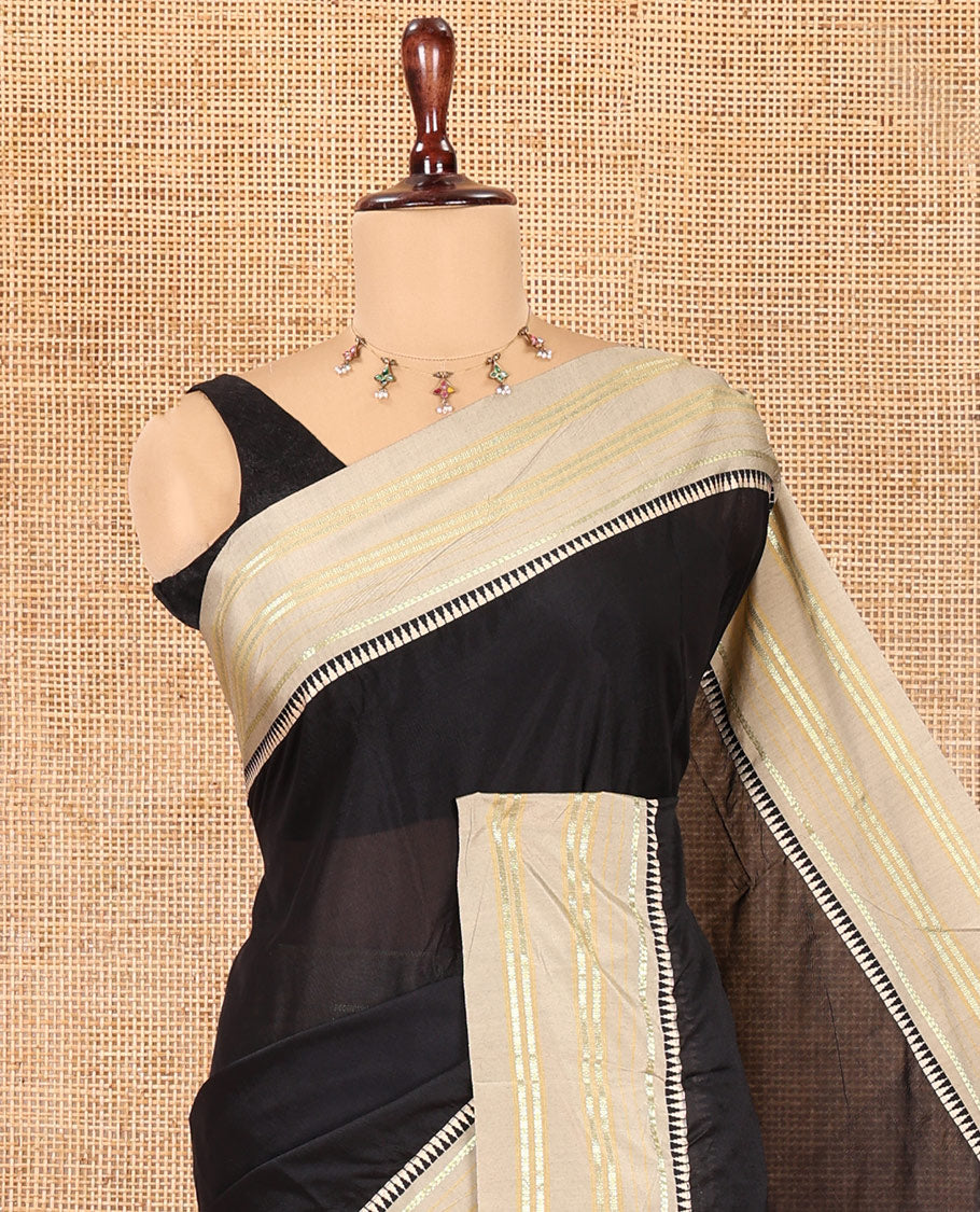 Black-Chikku Plain Mercerised Cotton Saree, Contrast Traditional Thread Temple Border, Striped Pallu, and a Matching Blouse