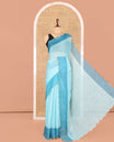 Sea Green Plain Linen Cotton Saree, Contrast Plain Scallop Border, a Self-Pallu, and Contrast Kalamkari Printed Blouse