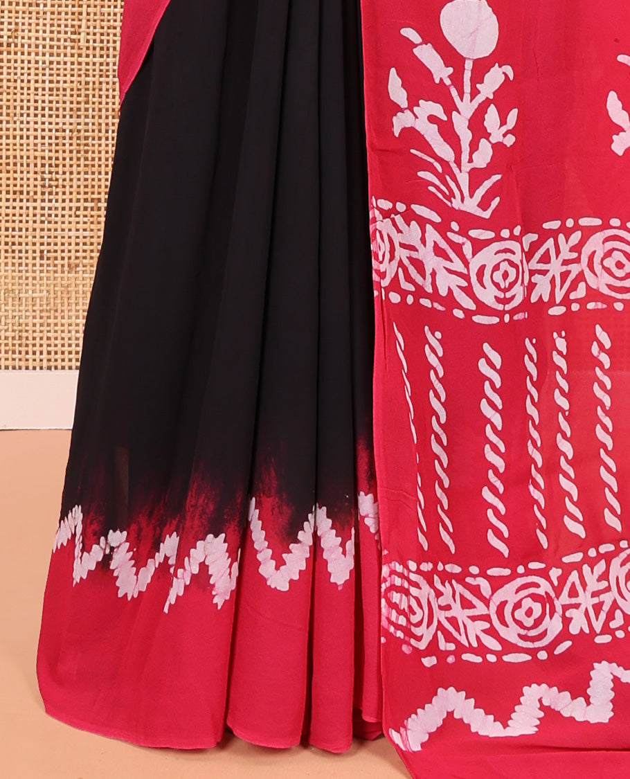 Black-Rani Pink Plain 60Gm Georgette Saree, Contrast Zig-Zag Batik Printed Border, Batik Printed Pallu, and a Matching Blouse