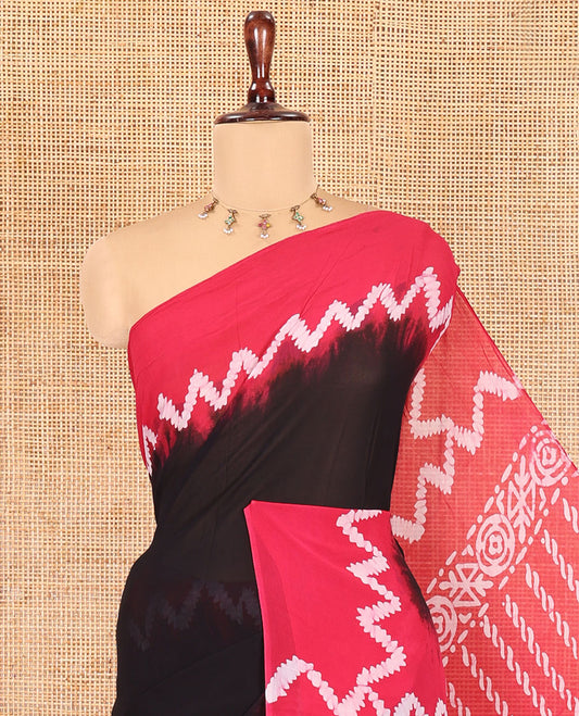Black-Rani Pink Plain 60Gm Georgette Saree, Contrast Zig-Zag Batik Printed Border, Batik Printed Pallu, and a Matching Blouse