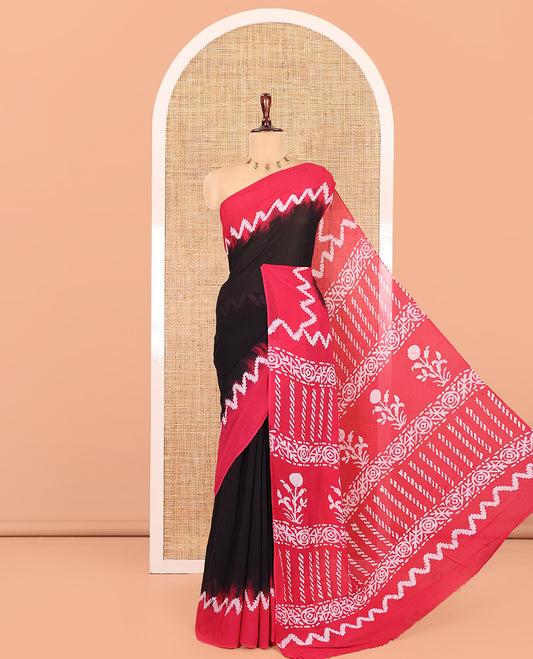 Black-Rani Pink Plain 60Gm Georgette Saree, Contrast Zig-Zag Batik Printed Border, Batik Printed Pallu, and a Matching Blouse