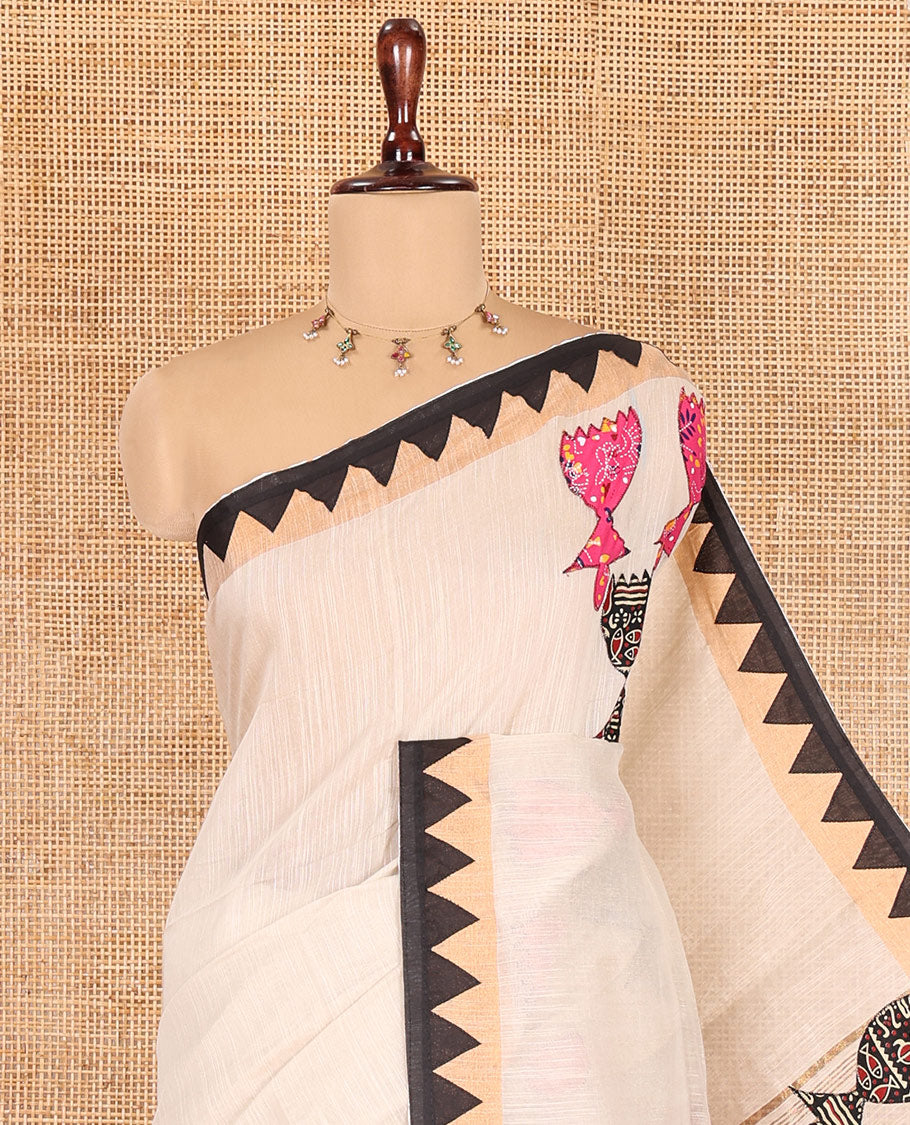Chikku Linen Cotton Saree, Adorned with Figurine Patch Embroidery, Complemented by a Contrast Temple Border, and a Matching Blouse