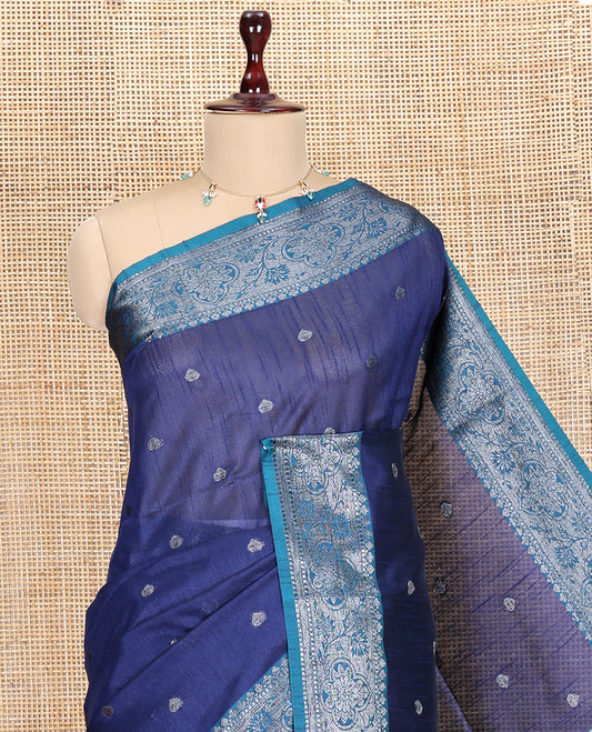 Navy Blue Semi-Raw Silk Saree Features Thread Buttas, Contrast Intricate Border, Striped Pallu, and a Contrast Blouse