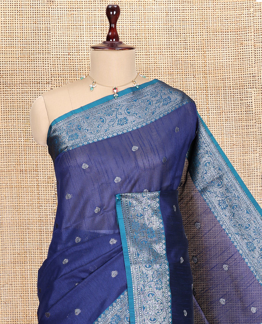 Navy Blue Semi-Raw Silk Saree Features Thread Buttas, Contrast Intricate Border, Striped Pallu, and a Contrast Blouse