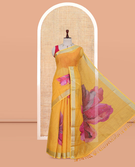Yellow Linen Cotton Saree, Prettified with a Floral Print, a Subtle Zari Border, and a Matching Blouse