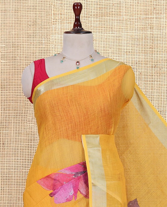 Yellow Linen Cotton Saree, Prettified with a Floral Print, a Subtle Zari Border, and a Matching Blouse