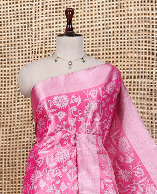 Pink Tissue Cotton Saree Features Floral Vine Design, a Zari Border, Contrast Intricate Pallu, and a Contrast Blouse