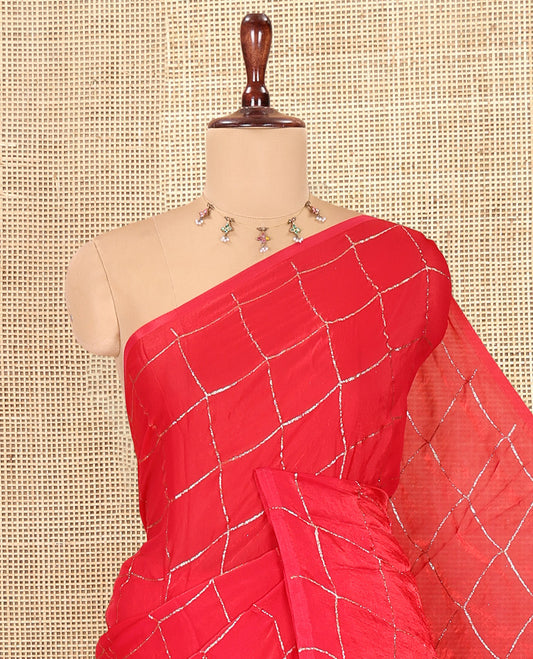 Borderless Red Fendi Chiffon Saree, Elevated with Checks, a Self-Pallu, and No Blouse
