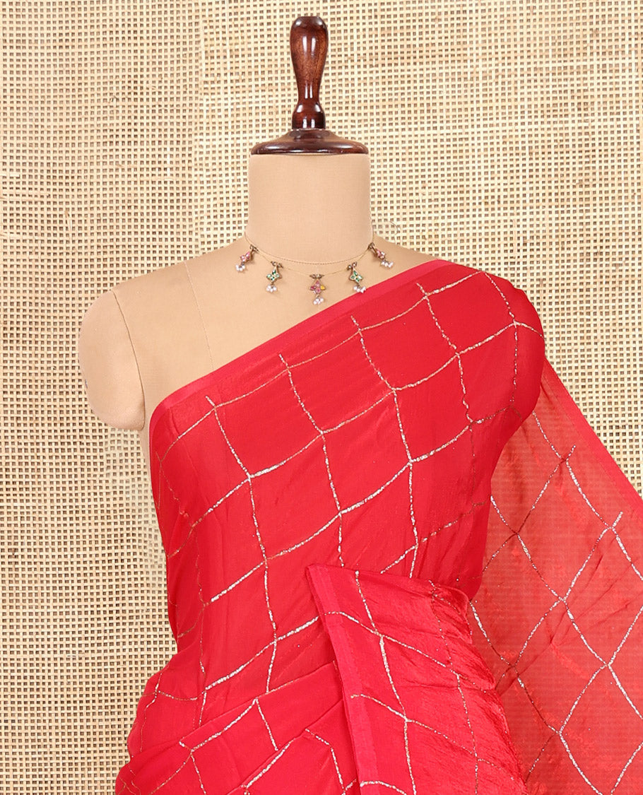 Borderless Red Fendi Chiffon Saree, Elevated with Checks, a Self-Pallu, and No Blouse