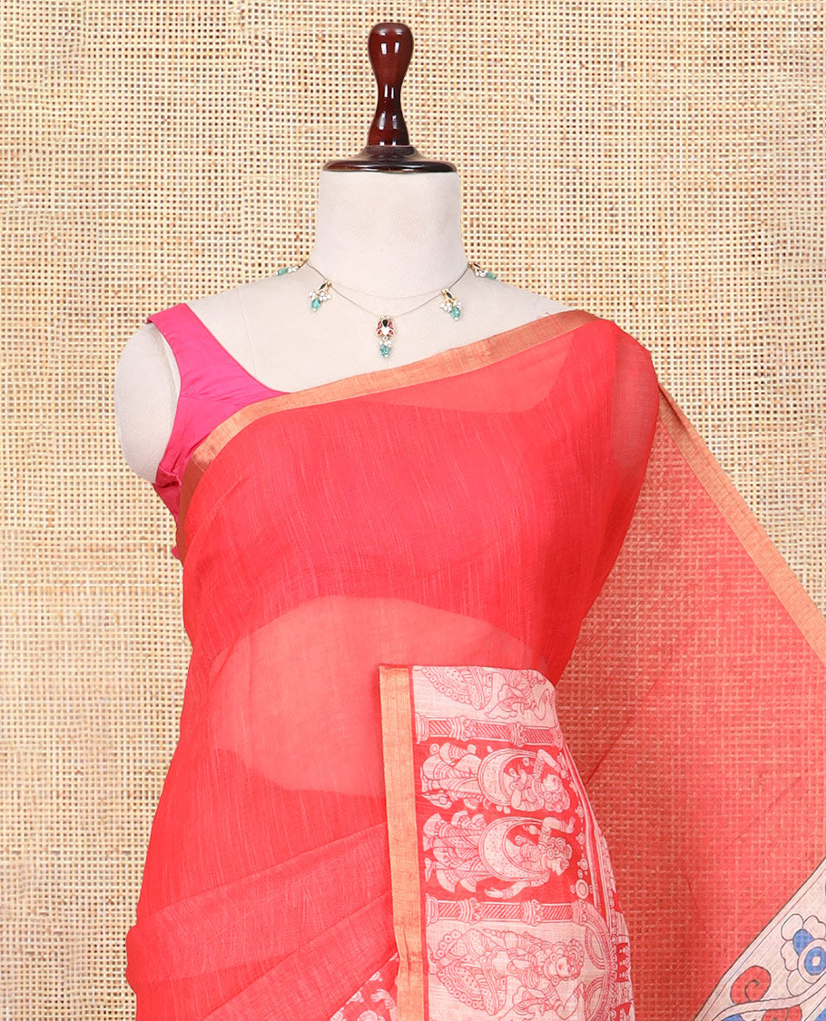 Tomato Pink Linen Cotton Saree Features Kalamkari-Style Human Motifs Print, a Piping Border, Contrast Printed Pallu, and Contrast Blouse