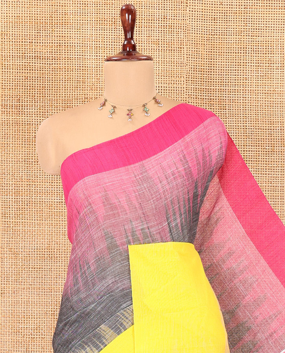 Grey Ikkat Weave Khadi Linen Saree, Complemented by a Contrast Ganga-Jamuna Border, and a Contrast Blouse