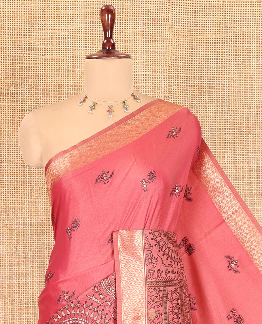 Onion Pink Satin Silk Saree, Adorned with Warli Motif Print, Highlighted by Warli Printed Zari Border, Warli-Village Palllu, and a Matching Blouse
