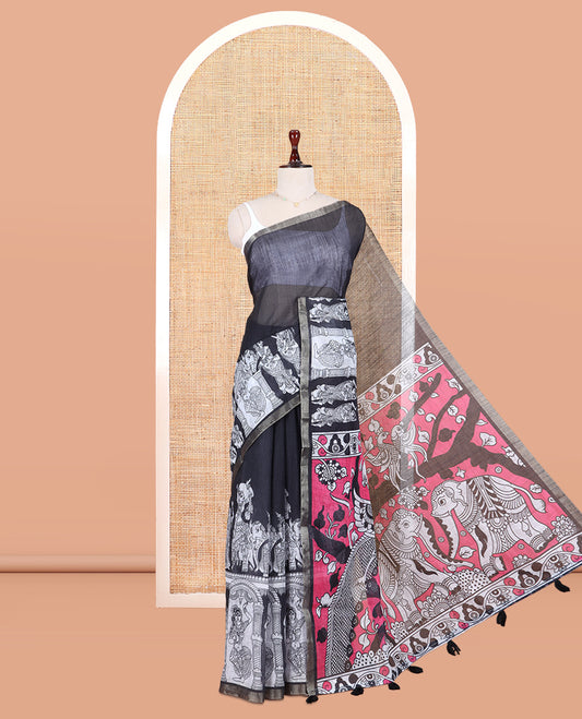 Black Linen Cotton Saree Features Kalamkari Human Figurines, a Piping Border, Kalamkari Pallu, Contrast Blouse