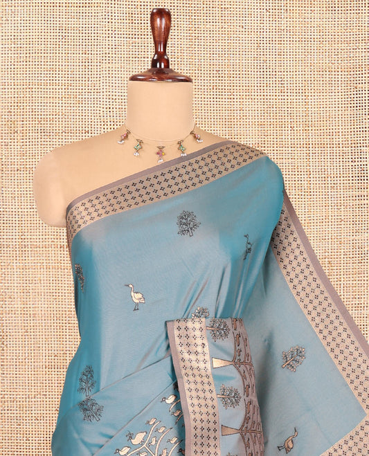 Blue Satin Silk Saree, Adorned with Flora-Fauna Buttas, Tree-Bird Border, Intricate Pallu, Matching Blouse
