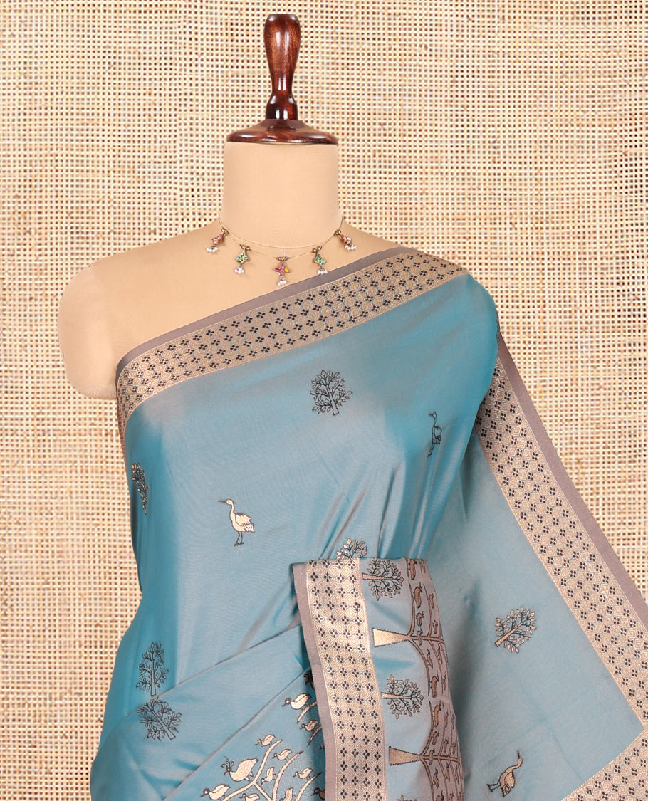 Blue Satin Silk Saree, Adorned with Flora-Fauna Buttas, Tree-Bird Border, Intricate Pallu, Matching Blouse