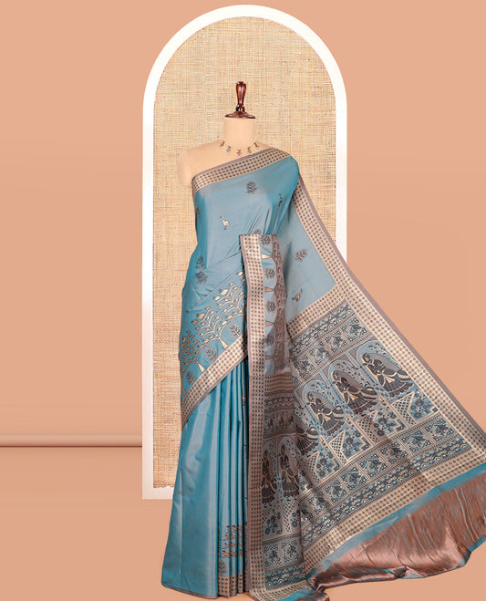 Blue Satin Silk Saree, Adorned with Flora-Fauna Buttas, Tree-Bird Border, Intricate Pallu, Matching Blouse