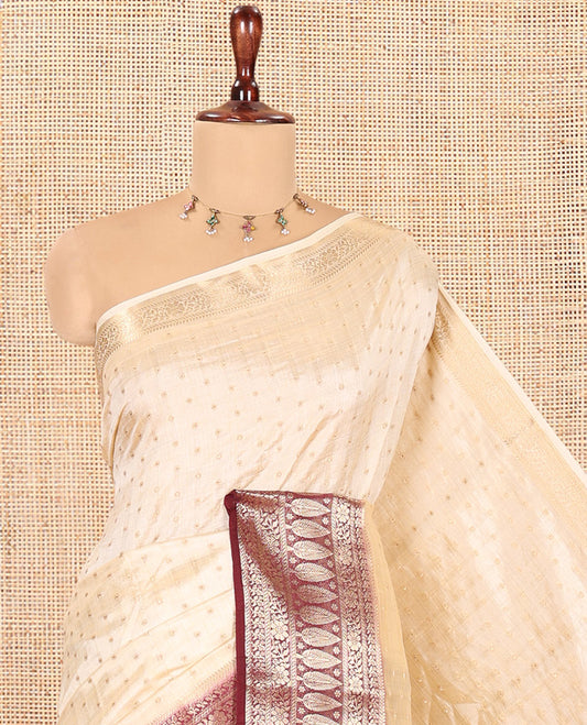 Cream-Purple Semi-Tussar Saree Features 1000 Buttas, a Contrast Traditional Border, and Contrast Blouse