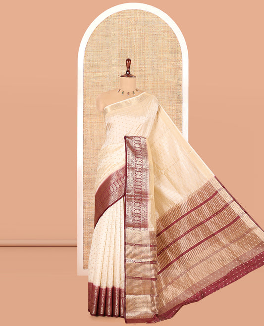 Cream-Purple Semi-Tussar Saree Features 1000 Buttas, a Contrast Traditional Border, and Contrast Blouse